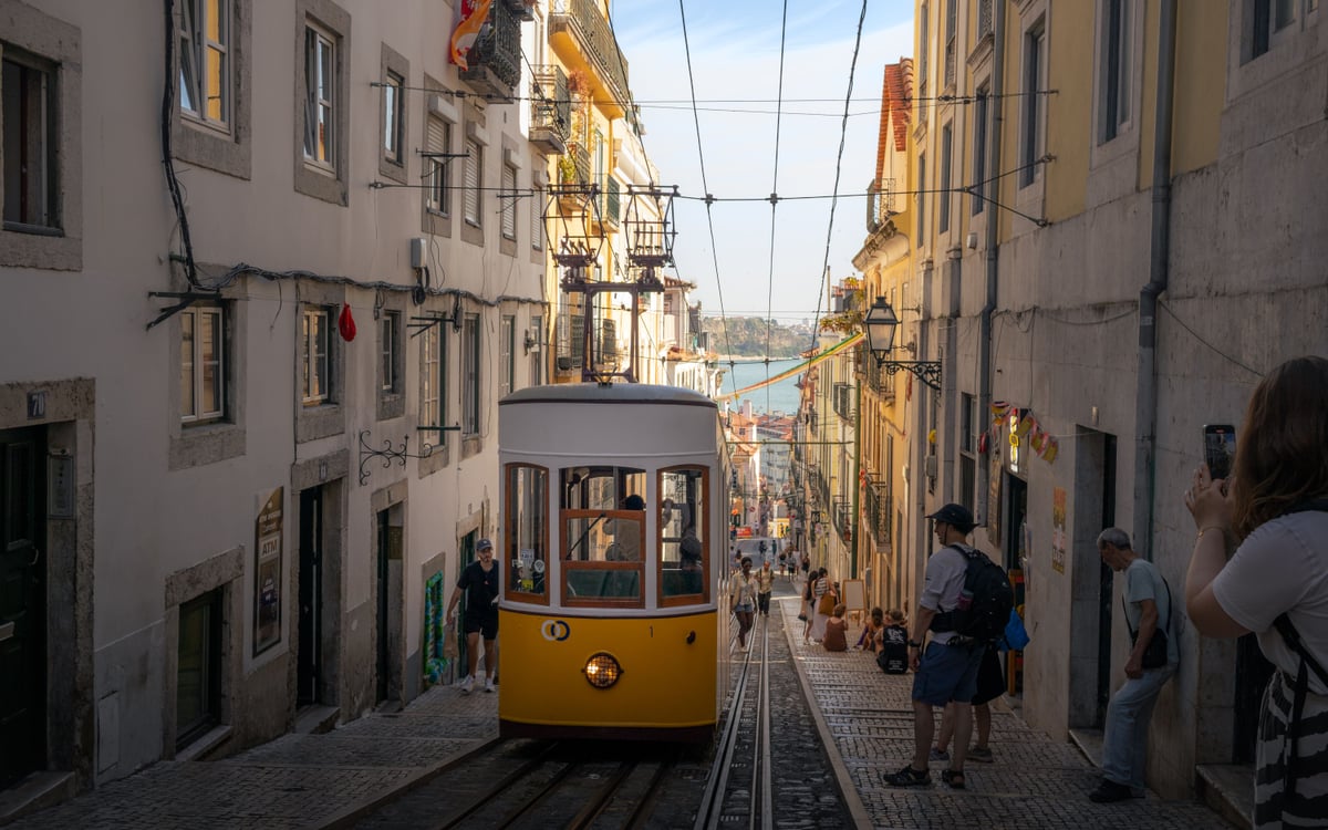 Lisbon residential street and tram representing a city scouting trip